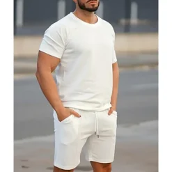Outlet OUKU Men's T-shirt Suits 2 Pieces Outfits Tee & Shorts Short Sleeve Crew Neck Summer Plain Fashion Casual 2 Piece Vacation Daily Wear Going out White Pink Green Top Tee for Men
