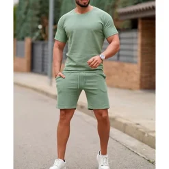 Outlet OUKU Men's T-shirt Suits 2 Pieces Outfits Tee & Shorts Short Sleeve Crew Neck Summer Plain Fashion Casual 2 Piece Vacation Daily Wear Going out White Pink Green Top Tee for Men
