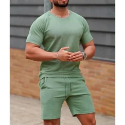 Outlet OUKU Men's T-shirt Suits 2 Pieces Outfits Tee & Shorts Short Sleeve Crew Neck Summer Plain Fashion Casual 2 Piece Vacation Daily Wear Going out White Pink Green Top Tee for Men