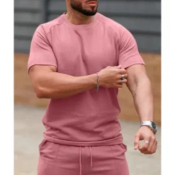 Outlet OUKU Men's T-shirt Suits 2 Pieces Outfits Tee & Shorts Short Sleeve Crew Neck Summer Plain Fashion Casual 2 Piece Vacation Daily Wear Going out White Pink Green Top Tee for Men