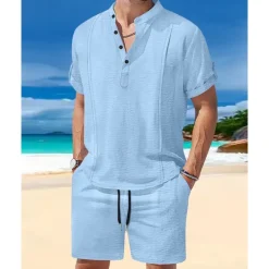 Sale OUKU Men's T-shirt Suits 2 Pieces Outfits Tee & Shorts Short Sleeve Henley Summer Plain Fashion Casual 2 Piece Vacation Daily Wear Going out White Royal Blue Brown Top Tee for Men