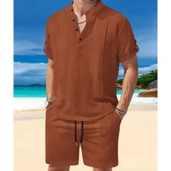 Sale OUKU Men's T-shirt Suits 2 Pieces Outfits Tee & Shorts Short Sleeve Henley Summer Plain Fashion Casual 2 Piece Vacation Daily Wear Going out White Royal Blue Brown Top Tee for Men