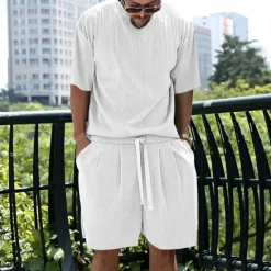 Best OUKU Men's T-shirt Suits 2 Pieces Outfits Tee & Shorts Short Sleeve Crew Neck Summer Plain Fashion Casual 2 Piece Vacation Daily Wear Going out White Light Grey Dark Gray Top Tee for Men