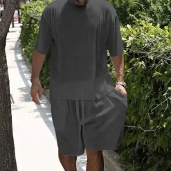 Best OUKU Men's T-shirt Suits 2 Pieces Outfits Tee & Shorts Short Sleeve Crew Neck Summer Plain Fashion Casual 2 Piece Vacation Daily Wear Going out White Light Grey Dark Gray Top Tee for Men