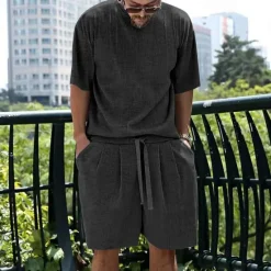 Best OUKU Men's T-shirt Suits 2 Pieces Outfits Tee & Shorts Short Sleeve Crew Neck Summer Plain Fashion Casual 2 Piece Vacation Daily Wear Going out White Light Grey Dark Gray Top Tee for Men