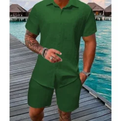 New OUKU Men's T-shirt Suits 2 Pieces Outfits Tee & Shorts Short Sleeve Shirt Collar Summer Plain Fashion Casual 2 Piece Vacation Daily Wear Going out Black White Pink Top Tee for Men