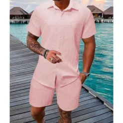 New OUKU Men's T-shirt Suits 2 Pieces Outfits Tee & Shorts Short Sleeve Shirt Collar Summer Plain Fashion Casual 2 Piece Vacation Daily Wear Going out Black White Pink Top Tee for Men