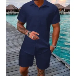 New OUKU Men's T-shirt Suits 2 Pieces Outfits Tee & Shorts Short Sleeve Shirt Collar Summer Plain Fashion Casual 2 Piece Vacation Daily Wear Going out Black White Pink Top Tee for Men