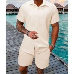 New OUKU Men's T-shirt Suits 2 Pieces Outfits Tee & Shorts Short Sleeve Shirt Collar Summer Plain Fashion Casual 2 Piece Vacation Daily Wear Going out Black White Pink Top Tee for Men