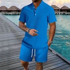 Discount OUKU Men's T-shirt Suits 2 Pieces Outfits Tee & Shorts Short Sleeve Henley Summer Plain Fashion Casual 2 Piece Vacation Daily Wear Going out Black White Royal Blue Top Tee for Men