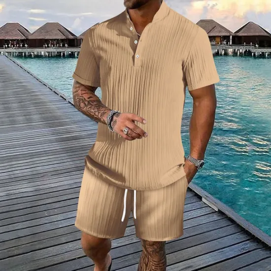 Discount OUKU Men's T-shirt Suits 2 Pieces Outfits Tee & Shorts Short Sleeve Henley Summer Plain Fashion Casual 2 Piece Vacation Daily Wear Going out Black White Royal Blue Top Tee for Men