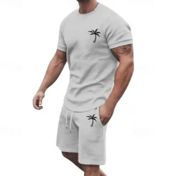 New OUKU Men's T-shirt Suits 2 Pieces Outfits Tee & Shorts Short Sleeve Crew Neck Summer Coconut Tree Fashion Casual 2 Piece Vacation Daily Wear Going out Black White Yellow Top Tee for Men