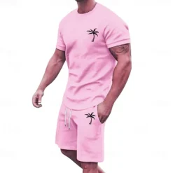 New OUKU Men's T-shirt Suits 2 Pieces Outfits Tee & Shorts Short Sleeve Crew Neck Summer Coconut Tree Fashion Casual 2 Piece Vacation Daily Wear Going out Black White Yellow Top Tee for Men