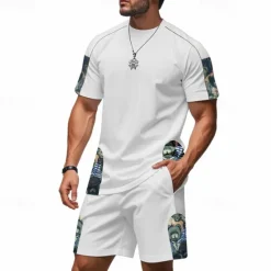 New OUKU Men's T-shirt Suits 2 Pieces Outfits Tee & Shorts Short Sleeve Crew Neck Summer Graphic Fashion Casual 2 Piece Vacation Daily Wear Going out Black White Brown Top Tee for Men