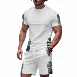 New OUKU Men's T-shirt Suits 2 Pieces Outfits Tee & Shorts Short Sleeve Crew Neck Summer Graphic Fashion Casual 2 Piece Vacation Daily Wear Going out Black White Brown Top Tee for Men