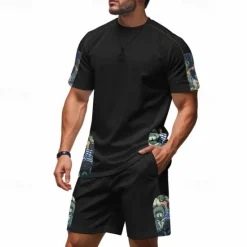 New OUKU Men's T-shirt Suits 2 Pieces Outfits Tee & Shorts Short Sleeve Crew Neck Summer Graphic Fashion Casual 2 Piece Vacation Daily Wear Going out Black White Brown Top Tee for Men