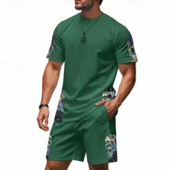 New OUKU Men's T-shirt Suits 2 Pieces Outfits Tee & Shorts Short Sleeve Crew Neck Summer Graphic Fashion Casual 2 Piece Vacation Daily Wear Going out Black White Brown Top Tee for Men