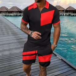 Discount OUKU Men's T-shirt Suits 2 Pieces Outfits Tee & Shorts Short Sleeve Quarter Zip Summer Color Block Fashion Casual 2 Piece Splice Vacation Daily Wear Going out Silver Black Wine Top Tee for Men