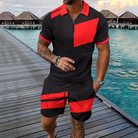 Discount OUKU Men's T-shirt Suits 2 Pieces Outfits Tee & Shorts Short Sleeve Quarter Zip Summer Color Block Fashion Casual 2 Piece Splice Vacation Daily Wear Going out Silver Black Wine Top Tee for Men
