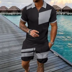 Discount OUKU Men's T-shirt Suits 2 Pieces Outfits Tee & Shorts Short Sleeve Quarter Zip Summer Color Block Fashion Casual 2 Piece Splice Vacation Daily Wear Going out Silver Black Wine Top Tee for Men