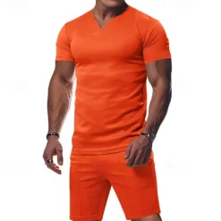 Online OUKU Men's T-shirt Suits 2 Pieces Outfits Tee & Shorts Short Sleeve V Neck Summer Plain Fashion Casual 2 Piece Vacation Daily Wear Going out Black White Orange Top Tee for Men