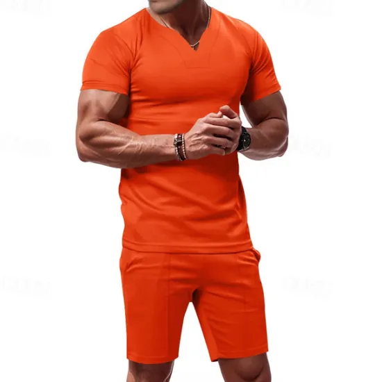 Online OUKU Men's T-shirt Suits 2 Pieces Outfits Tee & Shorts Short Sleeve V Neck Summer Plain Fashion Casual 2 Piece Vacation Daily Wear Going out Black White Orange Top Tee for Men