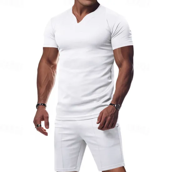 Online OUKU Men's T-shirt Suits 2 Pieces Outfits Tee & Shorts Short Sleeve V Neck Summer Plain Fashion Casual 2 Piece Vacation Daily Wear Going out Black White Orange Top Tee for Men