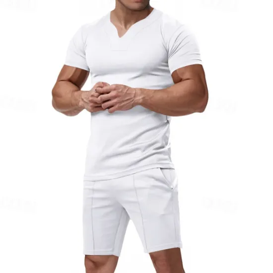 Online OUKU Men's T-shirt Suits 2 Pieces Outfits Tee & Shorts Short Sleeve V Neck Summer Plain Fashion Casual 2 Piece Vacation Daily Wear Going out Black White Orange Top Tee for Men