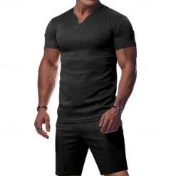Online OUKU Men's T-shirt Suits 2 Pieces Outfits Tee & Shorts Short Sleeve V Neck Summer Plain Fashion Casual 2 Piece Vacation Daily Wear Going out Black White Orange Top Tee for Men