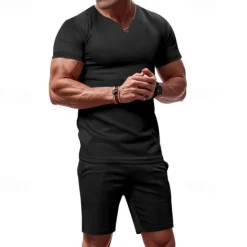 Online OUKU Men's T-shirt Suits 2 Pieces Outfits Tee & Shorts Short Sleeve V Neck Summer Plain Fashion Casual 2 Piece Vacation Daily Wear Going out Black White Orange Top Tee for Men