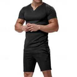 Online OUKU Men's T-shirt Suits 2 Pieces Outfits Tee & Shorts Short Sleeve V Neck Summer Plain Fashion Casual 2 Piece Vacation Daily Wear Going out Black White Orange Top Tee for Men