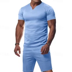 Online OUKU Men's T-shirt Suits 2 Pieces Outfits Tee & Shorts Short Sleeve V Neck Summer Plain Fashion Casual 2 Piece Vacation Daily Wear Going out Black White Orange Top Tee for Men