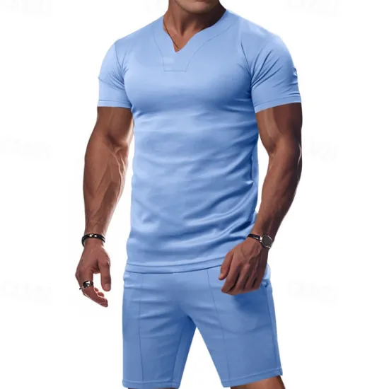 Online OUKU Men's T-shirt Suits 2 Pieces Outfits Tee & Shorts Short Sleeve V Neck Summer Plain Fashion Casual 2 Piece Vacation Daily Wear Going out Black White Orange Top Tee for Men