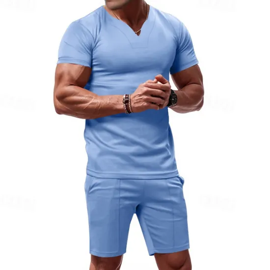 Online OUKU Men's T-shirt Suits 2 Pieces Outfits Tee & Shorts Short Sleeve V Neck Summer Plain Fashion Casual 2 Piece Vacation Daily Wear Going out Black White Orange Top Tee for Men