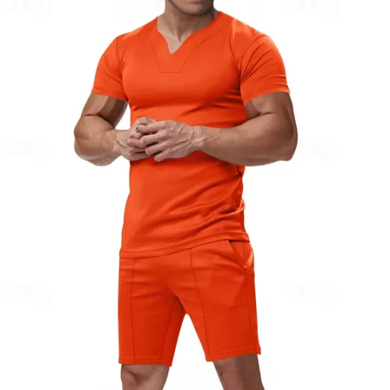 Online OUKU Men's T-shirt Suits 2 Pieces Outfits Tee & Shorts Short Sleeve V Neck Summer Plain Fashion Casual 2 Piece Vacation Daily Wear Going out Black White Orange Top Tee for Men