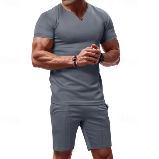 Online OUKU Men's T-shirt Suits 2 Pieces Outfits Tee & Shorts Short Sleeve V Neck Summer Plain Fashion Casual 2 Piece Vacation Daily Wear Going out Black White Orange Top Tee for Men
