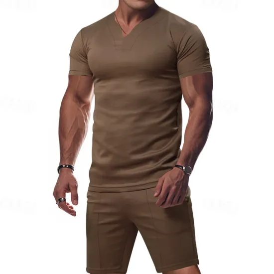 Online OUKU Men's T-shirt Suits 2 Pieces Outfits Tee & Shorts Short Sleeve V Neck Summer Plain Fashion Casual 2 Piece Vacation Daily Wear Going out Black White Orange Top Tee for Men