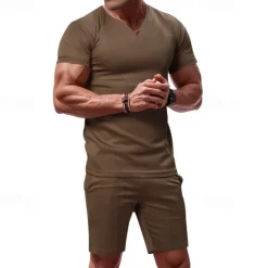 Online OUKU Men's T-shirt Suits 2 Pieces Outfits Tee & Shorts Short Sleeve V Neck Summer Plain Fashion Casual 2 Piece Vacation Daily Wear Going out Black White Orange Top Tee for Men
