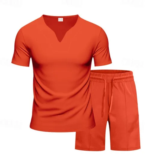Online OUKU Men's T-shirt Suits 2 Pieces Outfits Tee & Shorts Short Sleeve V Neck Summer Plain Fashion Casual 2 Piece Vacation Daily Wear Going out Black White Orange Top Tee for Men
