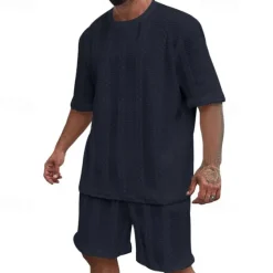 New OUKU Men's T-shirt Suits 2 Pieces Outfits Tee & Shorts Short Sleeve Crewneck Summer Plain Fashion Casual 2 Piece Jacquard Vacation Daily Wear Going out Black White Khaki Top Tee for Men