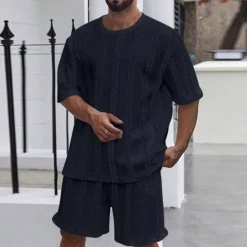 New OUKU Men's T-shirt Suits 2 Pieces Outfits Tee & Shorts Short Sleeve Crewneck Summer Plain Fashion Casual 2 Piece Jacquard Vacation Daily Wear Going out Black White Khaki Top Tee for Men