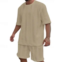 New OUKU Men's T-shirt Suits 2 Pieces Outfits Tee & Shorts Short Sleeve Crewneck Summer Plain Fashion Casual 2 Piece Jacquard Vacation Daily Wear Going out Black White Khaki Top Tee for Men