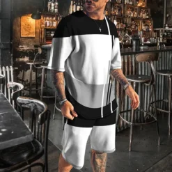 Clearance OUKU Men's T-shirt Suits 2 Pieces Outfits Tee & Shorts Short Sleeve Crew Neck Summer Color Block Fashion Casual 2 Piece Vacation Daily Wear Going out White Blue Dark Blue Top Tee for Men