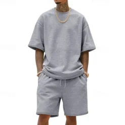 New OUKU Men's T-shirt Suits 2 Pieces Outfits Tee & Shorts Short Sleeve Crew Neck Summer Plain Fashion Casual 2 Piece Vacation Daily Wear Going out Black White Navy Blue Top Tee for Men