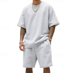 New OUKU Men's T-shirt Suits 2 Pieces Outfits Tee & Shorts Short Sleeve Crew Neck Summer Plain Fashion Casual 2 Piece Vacation Daily Wear Going out Black White Navy Blue Top Tee for Men