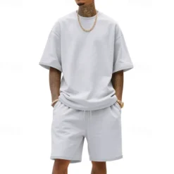 New OUKU Men's T-shirt Suits 2 Pieces Outfits Tee & Shorts Short Sleeve Crew Neck Summer Plain Fashion Casual 2 Piece Vacation Daily Wear Going out Black White Navy Blue Top Tee for Men