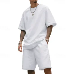 New OUKU Men's T-shirt Suits 2 Pieces Outfits Tee & Shorts Short Sleeve Crew Neck Summer Plain Fashion Casual 2 Piece Vacation Daily Wear Going out Black White Navy Blue Top Tee for Men