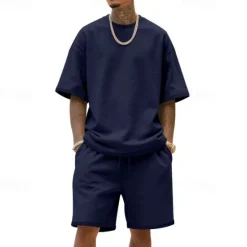 New OUKU Men's T-shirt Suits 2 Pieces Outfits Tee & Shorts Short Sleeve Crew Neck Summer Plain Fashion Casual 2 Piece Vacation Daily Wear Going out Black White Navy Blue Top Tee for Men