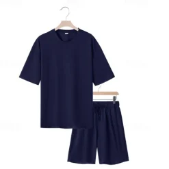 New OUKU Men's T-shirt Suits 2 Pieces Outfits Tee & Shorts Short Sleeve Crew Neck Summer Plain Fashion Casual 2 Piece Vacation Daily Wear Going out Black White Navy Blue Top Tee for Men