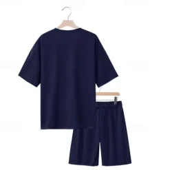 New OUKU Men's T-shirt Suits 2 Pieces Outfits Tee & Shorts Short Sleeve Crew Neck Summer Plain Fashion Casual 2 Piece Vacation Daily Wear Going out Black White Navy Blue Top Tee for Men